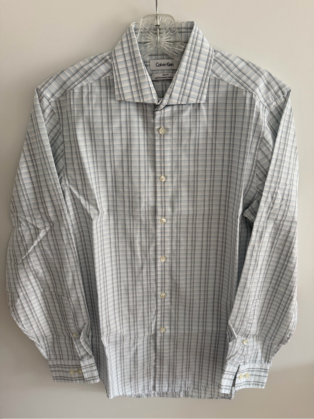 Calvin Klein Men's Light Gray and Blue Windowpane Dress Shirt